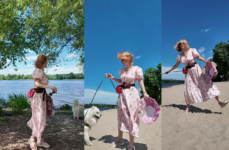 Кандидат наук Нелли Верховская. Тройной фотокадр в длинном летнем платье со шляпой в руках на фоне реки и неба.