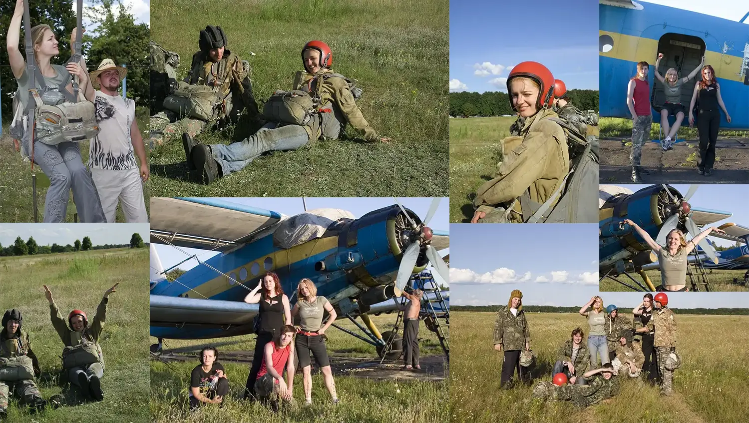 Нелли Верховская в большом коллаже из восьми парашютных кадров на фоне сине-желтого самолета Ан-2.